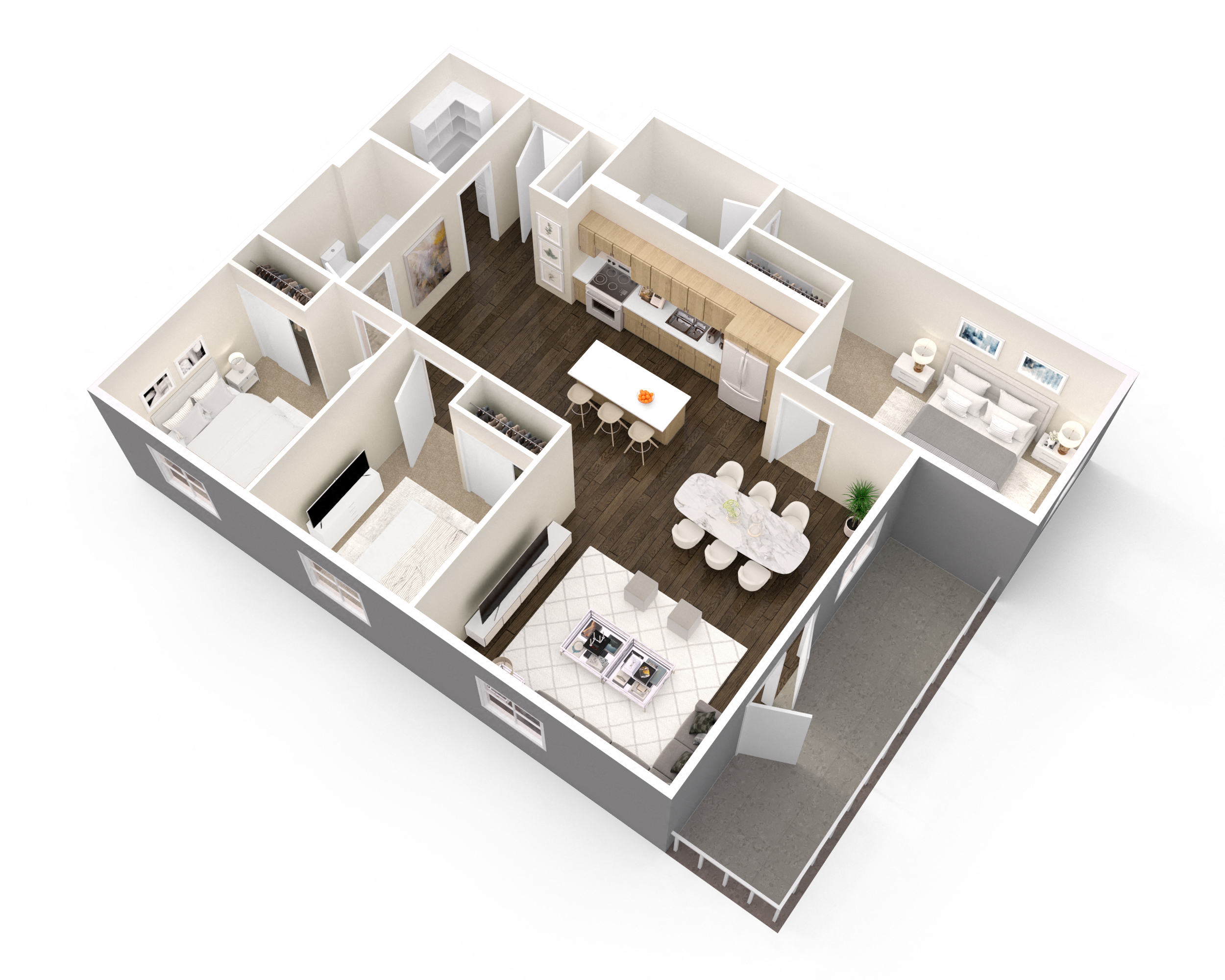 Floor plan for 3 beds, 2 baths, 1105 sqft